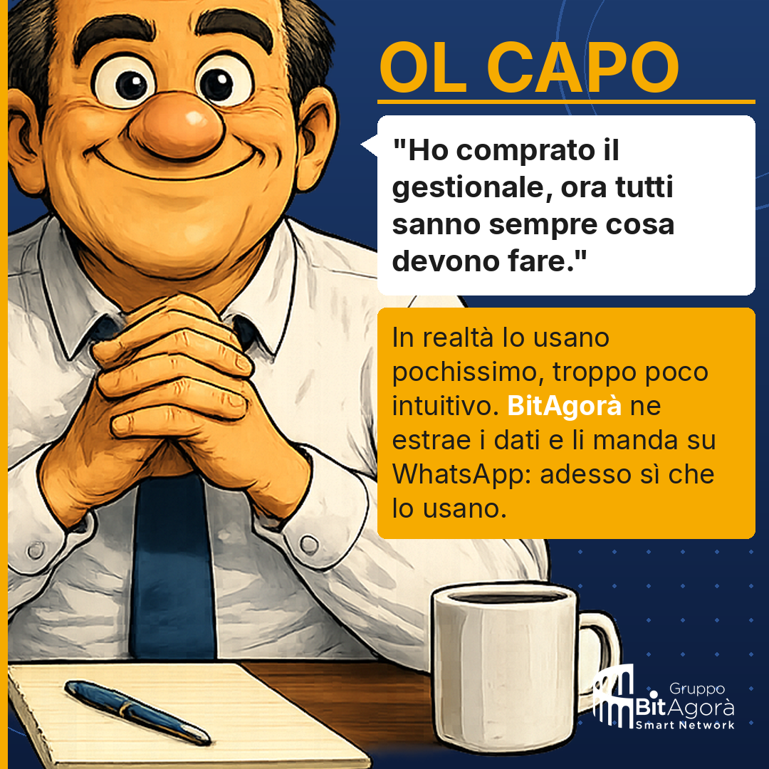OL CAPO: Ho comprato il gestionale, ora tutti sanno sempre cosa devono fare. In realta lo usano pochissimo, troppo poco intuitivo. BitAgora ne estrae i dati e li manda su WhatsApp: adesso si che lo usano.
